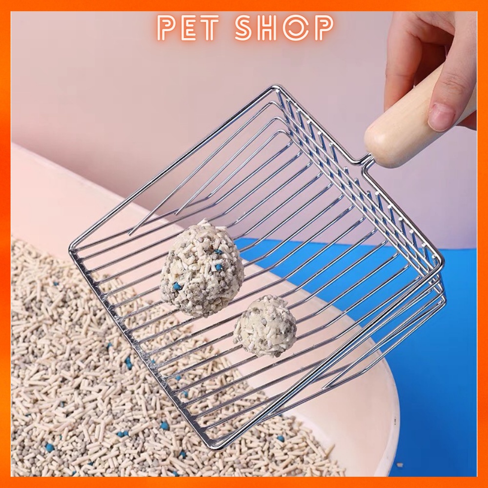 Xẻng xúc cát vệ sinh mèo bằng inox cán gỗ, xẻng inox hốt phân chó mèo, phụ kiện chó mèo