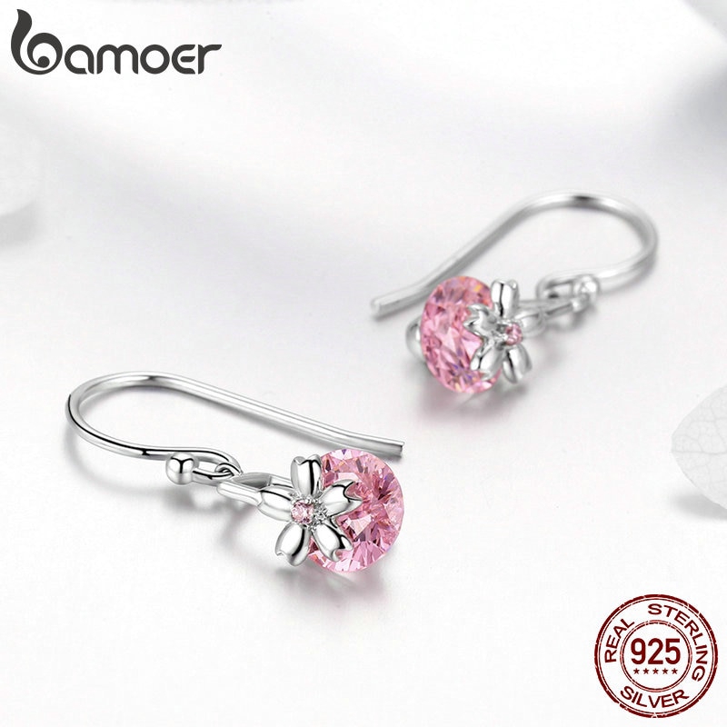 Bông tai dáng dài Bamoer bằng bạc 925 trang trí hoa anh đào lãng n