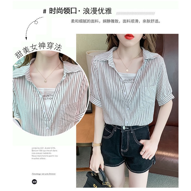 Áo Sơ Mi chiffon Ngắn Tay Cổ Chữ v Họa Tiết Kẻ Sọc Thời Trang Xu Hướng Mùa Hè Mới Cho Nữ