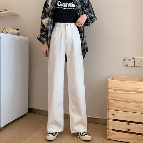 Quần jeans nữ ống rộng lưng cao dáng suông kaki màu be và đen (ảnh thật)