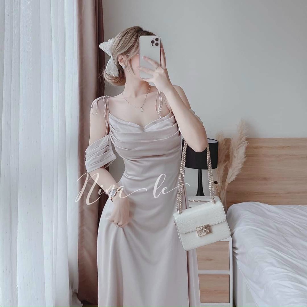 Đầm nữ 2 dây cổ đổ xếp ly điệu đà thời trang phong cách, Chất lụa satin mát mẻ