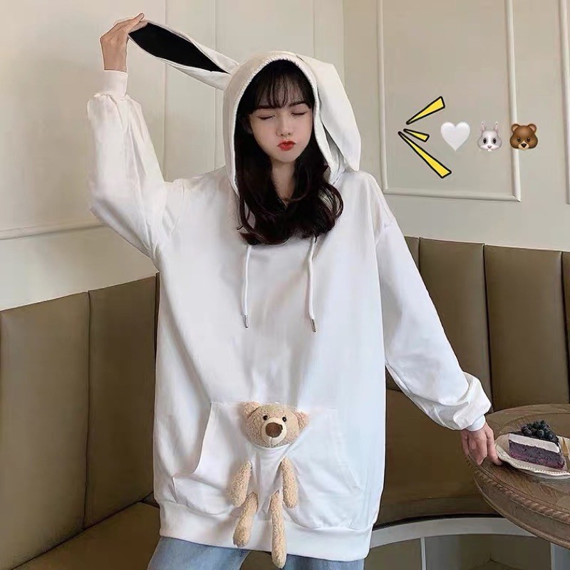 Áo hoodie tai thỏ đeo gấu siêu xinh, áo nỉ da cá tai thỏ có đeo gấu cute | BigBuy360 - bigbuy360.vn