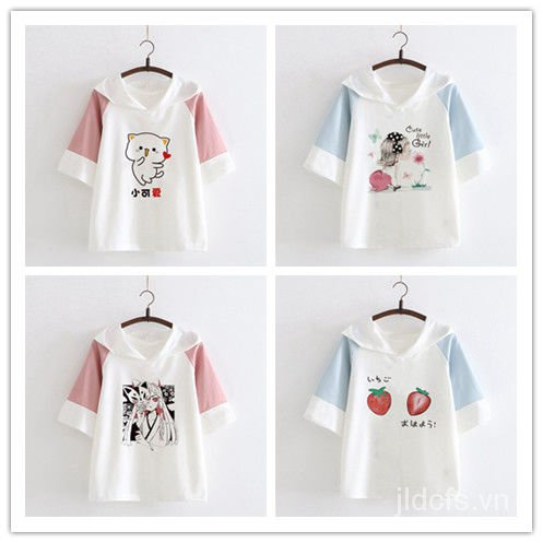Áo Hoodie Tay Ngắn Chất Liệu Cotton Mềm Mại In Họa Tiết Hoạt Hình Nhật Bản Thời Trang Mùa Hè Cho Nữ