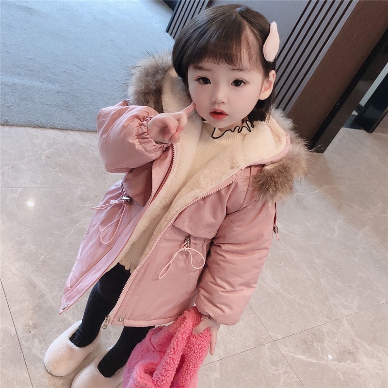 Áo khoác parka lót nỉ cho bé gái sẵn đen 130