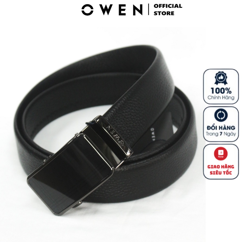 Thắt Lưng Nam Owen BELT220594 Dây Lưng Da Bò Cao Cấp Nịt Nam Da Thật Màu Đen Khóa Trượt Tự Động Mặt Đúc Nguyên Khối