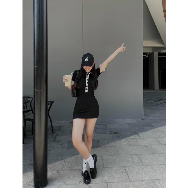 Đầm Body Dáng Ngắn Polo Cổ Bẻ Núc Viền Trắng Cài Khuy Xẻ Đùi alohashop91