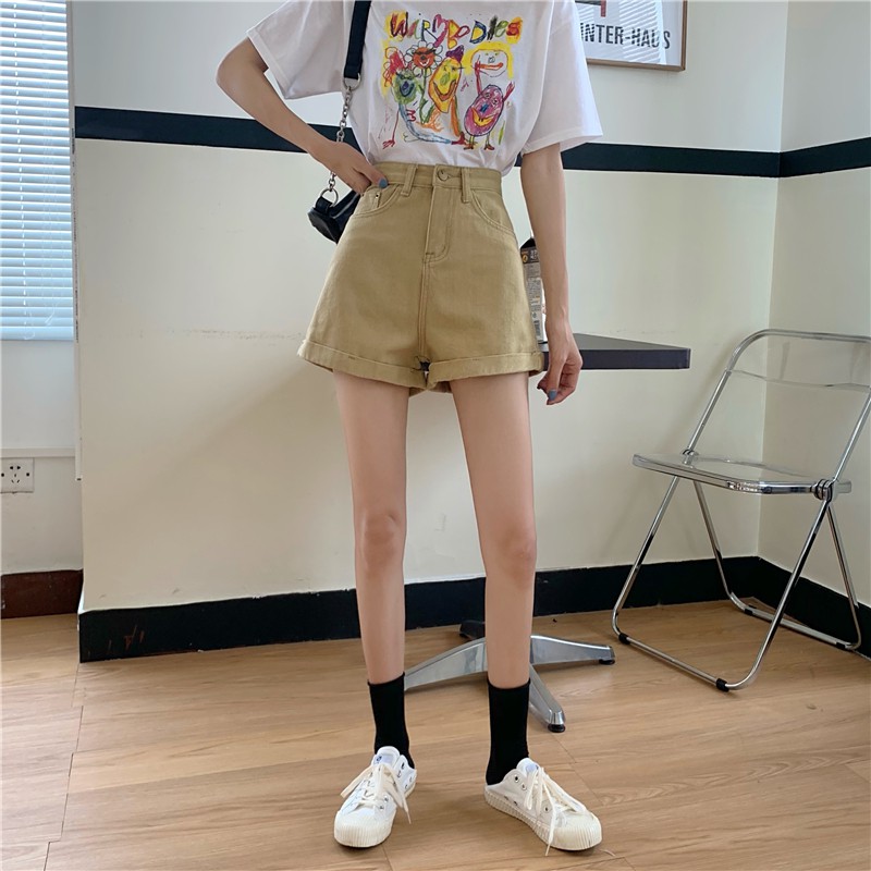  Xiaozhainv Quần Short Denim Nữ Lưng Cao Ống Rộng Phong Cách Hàn Quốc