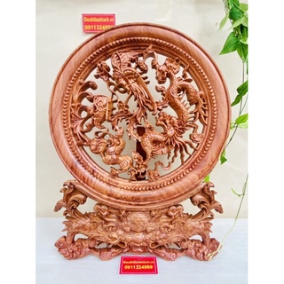 Đĩa cảnh gỗ tứ linh chạm khắc nổi. cao 40cm