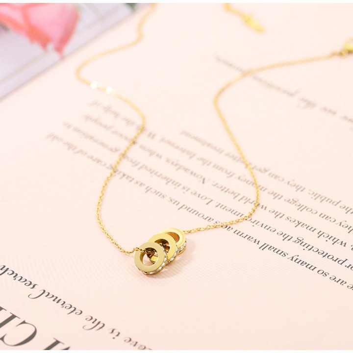 Dây chuyền titan nữ 3 khoanh tròn đính đá vuồng siêu đẹp, bền màu, chuẩn thời trang