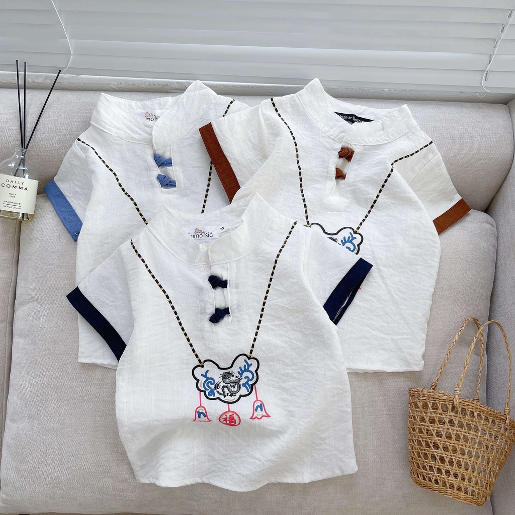 Quần áo bé trai, đồ bộ hè cộc tay cho bé in vòng cổ chất đũi cao cấp - SUMO KIDS
