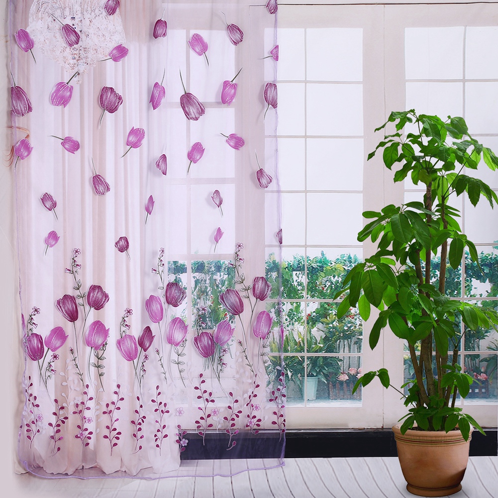 Rèm cửa vải voile họa tiết hoa tulip dùng cho trang trí xinh xắn 100x200 cm