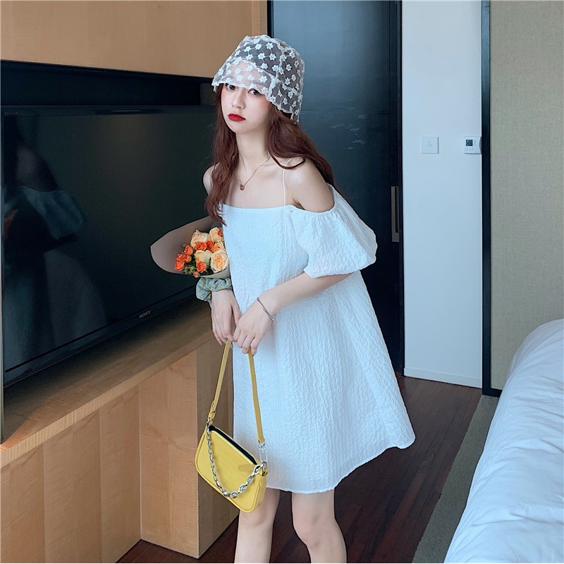 Đầm Trễ Vai Tay Phồng form rộng siêu dễ thương, 3 màu: vàng, trắng, xanh