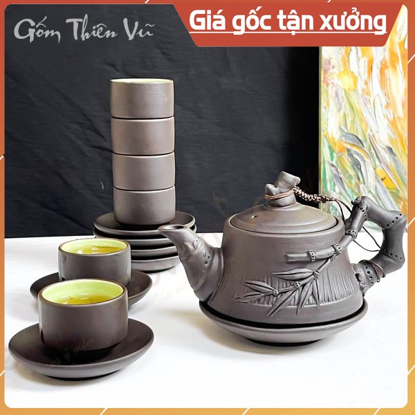 Bộ ấm trà Trúc Quân Tử gốm tử sa làng nghề Bát Tràng, Hà Nội