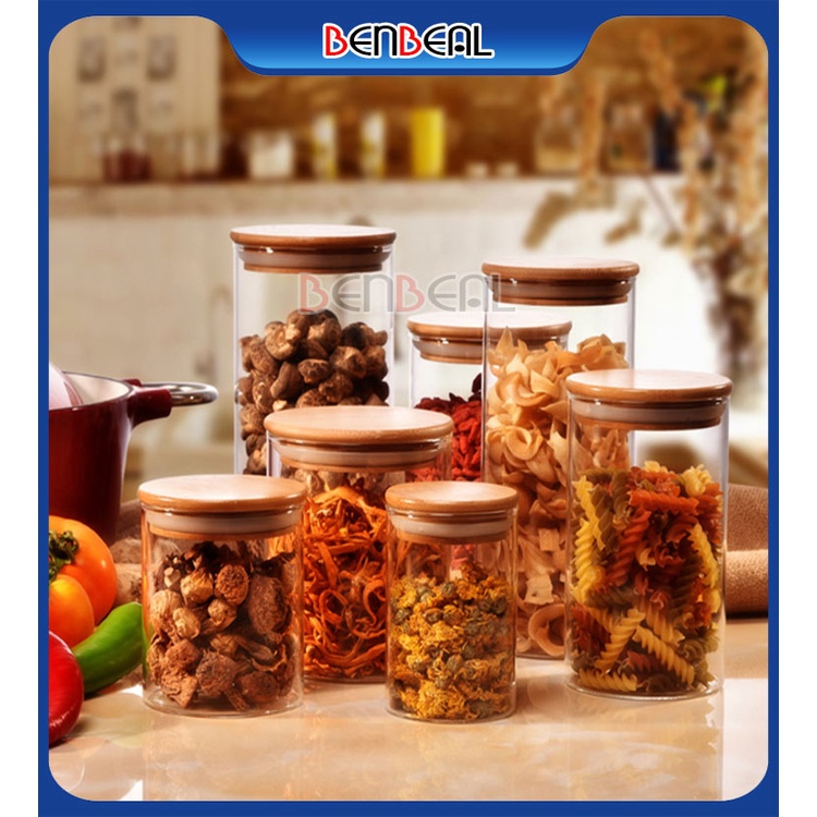 Hộp Thủy Tinh, Lọ Thủy Tinh, Hũ Thủy Tinh Nắp Gỗ BENBEAL 200ml 270ml 350ml 500ml 750ml 1000ml 1200ml