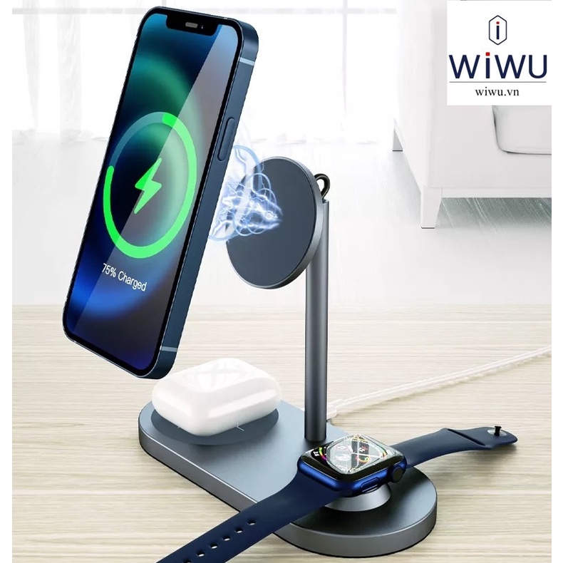 Đế sạc nhanh WIWU Power Air 3 inch 1 Cho Điện thoại táo , đồng hồ thông mình . Từ tính hút nam châm
