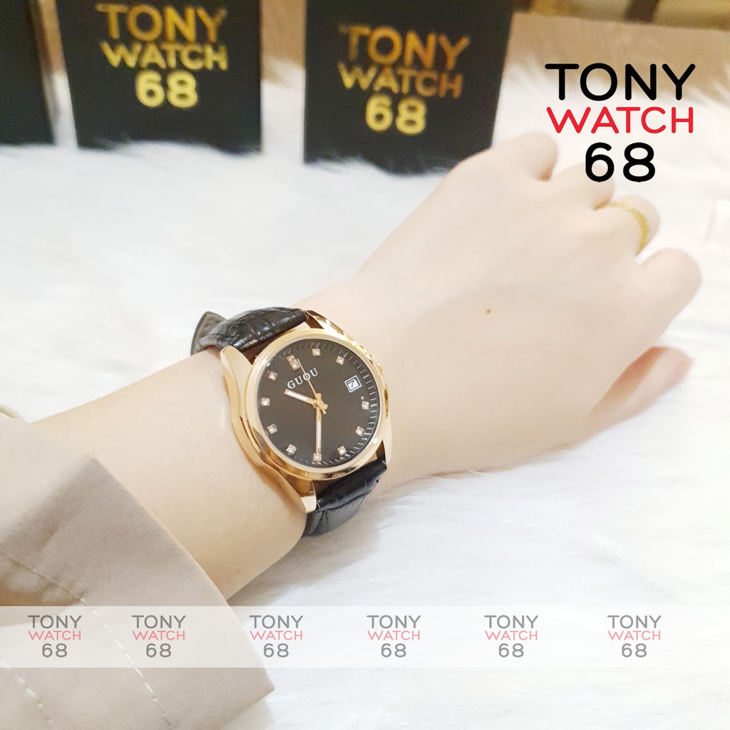 Đồng hồ Guou đẹp dây da đen mặt số ngọc viền mạ vàng chính hãng chống nước | BigBuy360 - bigbuy360.vn