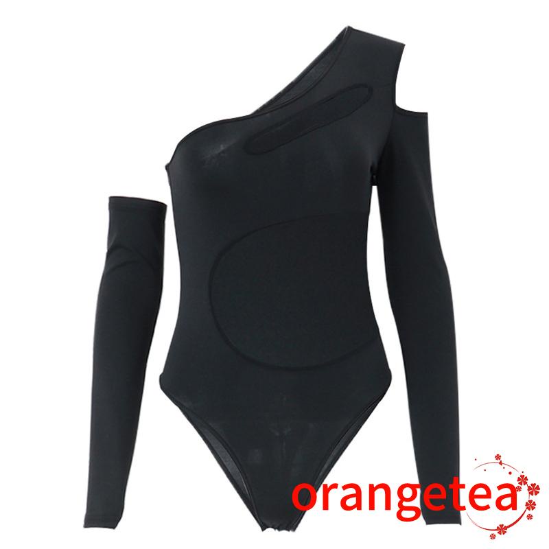 Ort-bộ Bodysuit Lưới Chéo Vai Màu Trơn Dành Cho Bạn Nữ