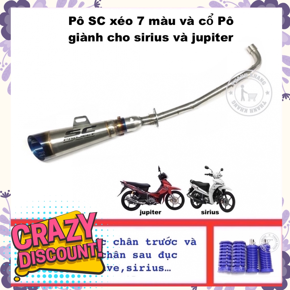 Pô SC xéo 7 màu,cổ pô inox,cho sirius,jupiter,tặng gác chân trước sau xanh dương 006001321 006001311 006000578 006000573