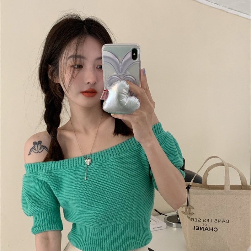 Áo Thun Dệt Kim Mỏng Ôm Dáng Trễ Vai Ngắn Tay Họa Tiết Kẻ Sọc Thời Trang Mùa Hè Retro Cho Nữ
