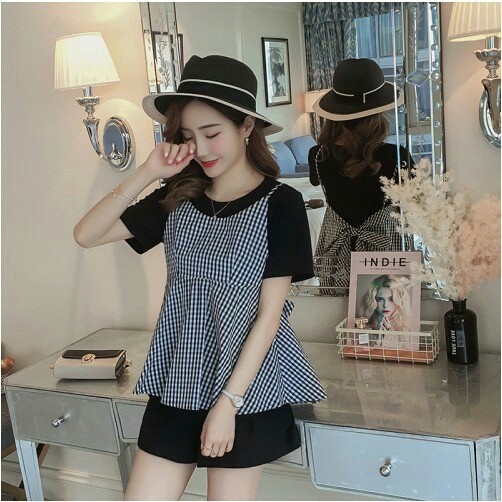 Bộ bầu chất đũi hàn kẻ caro, dáng babydoll, đen, mềm, siêu mát, thấm hút mồ hôi, free size 43~70kg