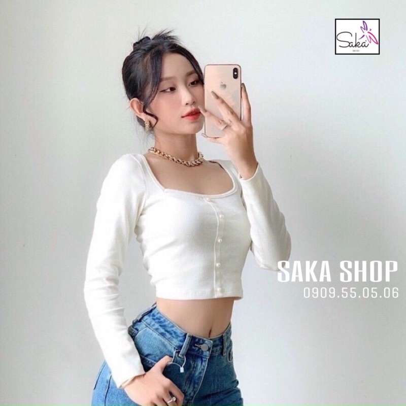 Áo croptop nữ thun tay dài nút ngọc vải 4 màu