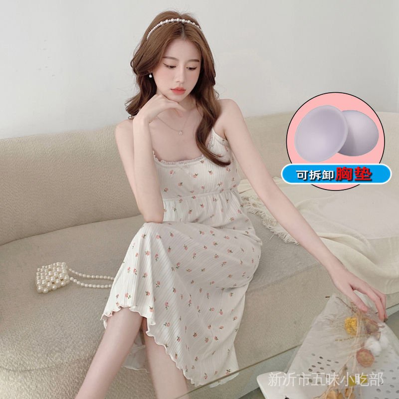 Đầm Ngủ Hai Dây Có Mút Đệm Ngực Họa Tiết Hoa Phong Cách Hàn Quốc Thời Trang Mùa Hè Quyến Rũ Cho Nữ
