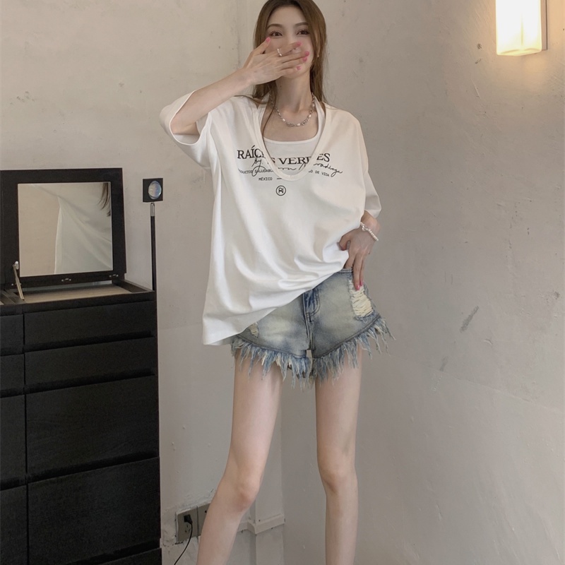Bộ Áo Thun Ngắn Tay Cổ Yếm In Họa Tiết + Quần short Ống Rộng Thời Trang Mùa Hè Dành Cho Nữ