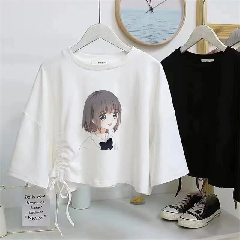 Áo Thun Tay Ngắn Dáng Rộng Phối Dây Rút Phong Cách Hàn Quốc Thời Trang Mùa Hè Năng Động