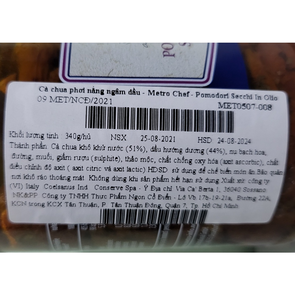 [Lọ 340g] CÀ CHUA PHƠI NẮNG NGÂM DẦU HƯỚNG DƯƠNG [Italia] METRO CHEF Pomodori Secchi in Olio