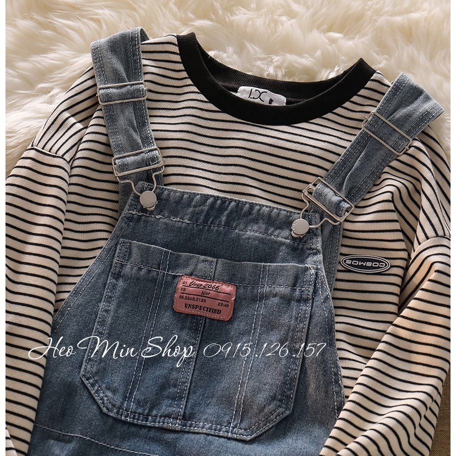 (ORDER) Quần yếm denim kết hợp áo thun dài tay sọc ngang Q01