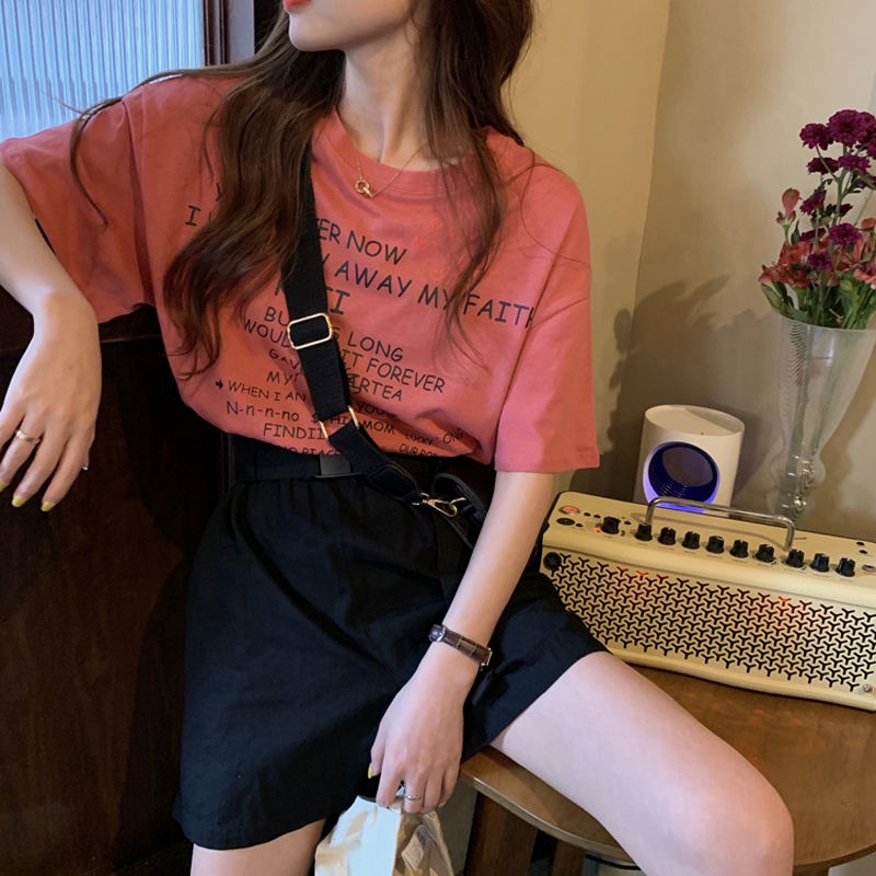 Rose Pink Short Sleeve T-Shirt women's fashion summer 2021 new Korean version Harajuku mid long loose half sleeve top