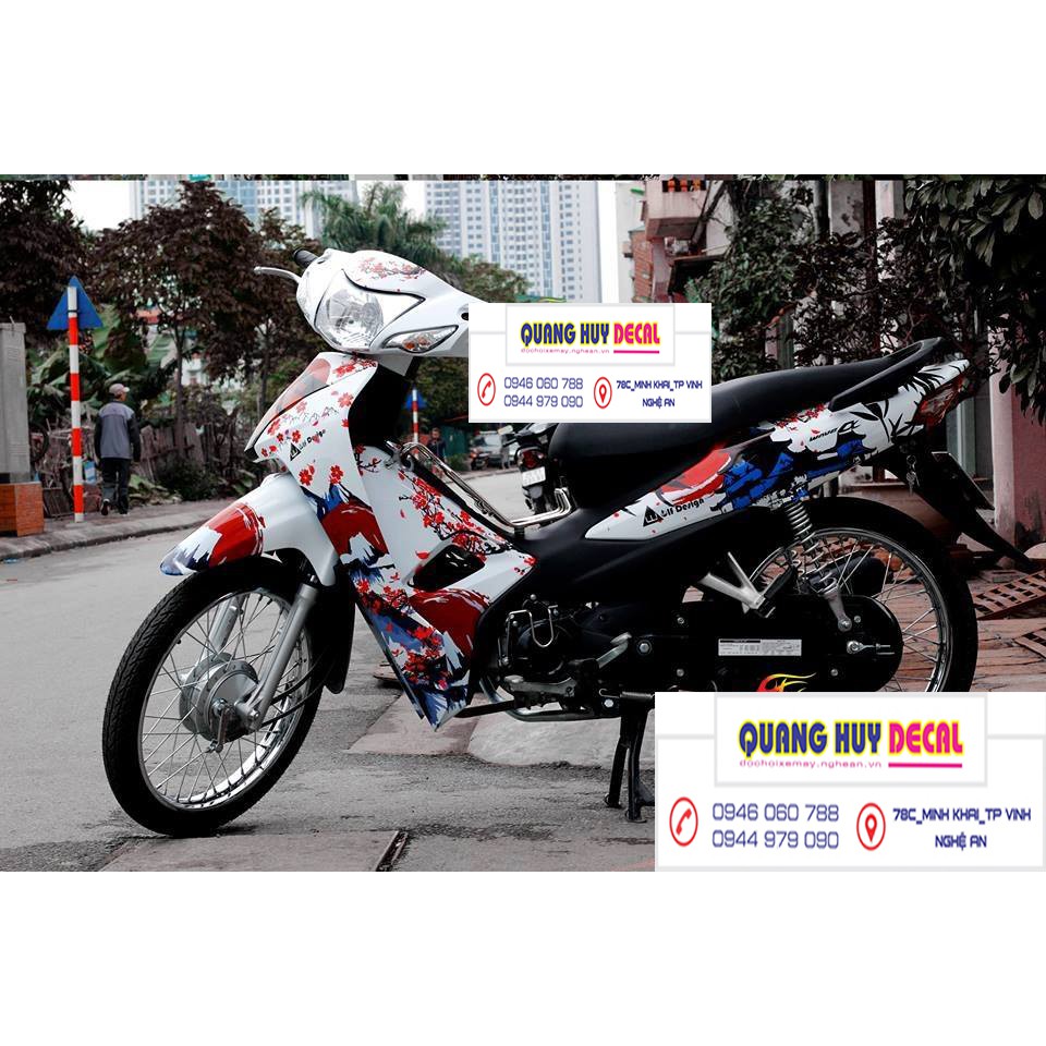 Tem trùm wave samurai đỏ trắng alpha 110, độ phủ bộ team decal cho xe máy rẻ đẹp