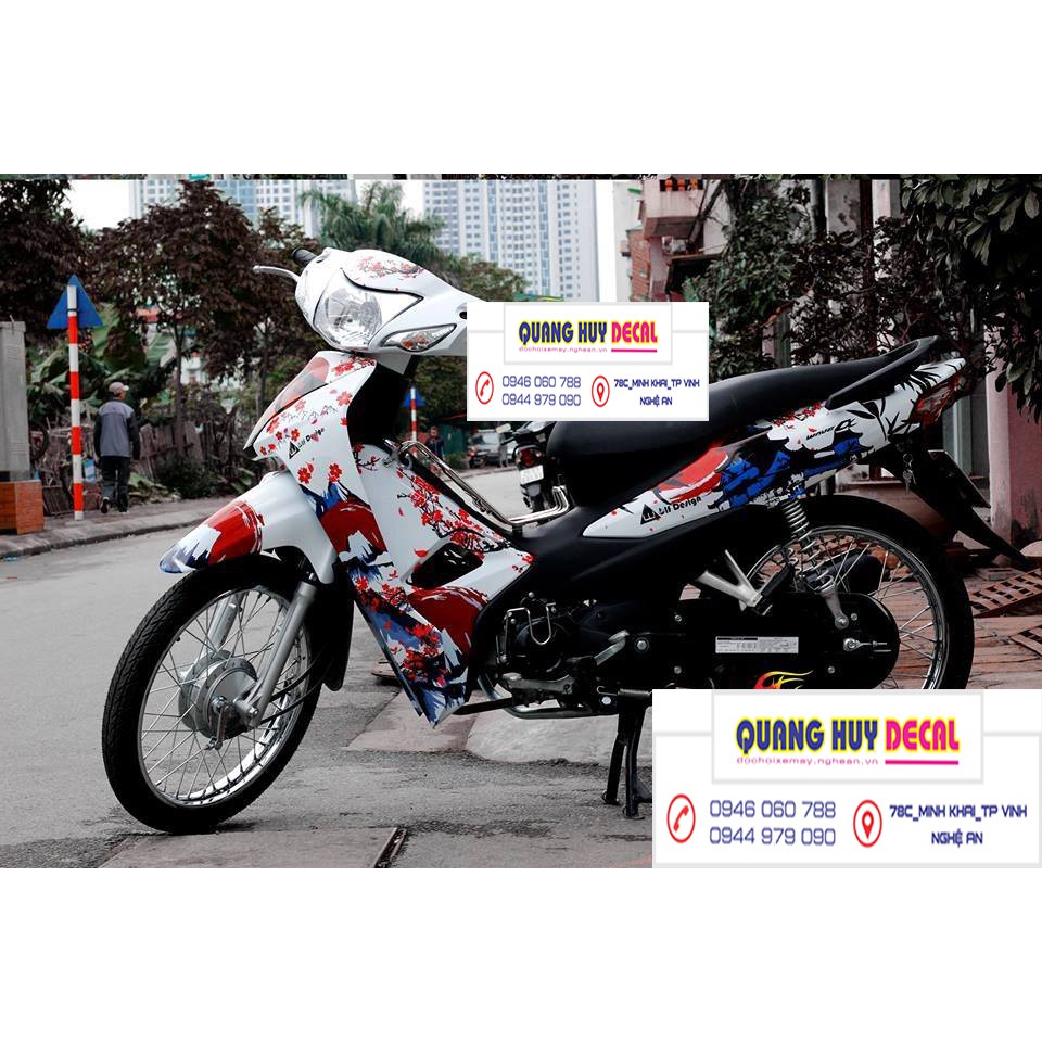 Tem trùm wave samurai đỏ trắng alpha 110, độ phủ bộ team decal cho xe máy rẻ đẹp (dán đời 2006-2020)