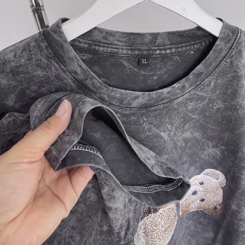 Áo phông tay lỡ loang xám đen Vân đá in kín G.g Ln