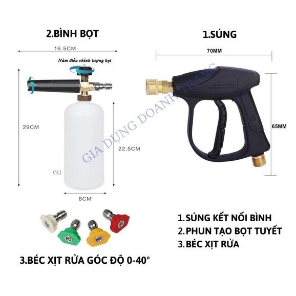 Bộ súng xịt rửa và bình phun bọt tuyết cao cấp cho máy rửa xe áp lực cao kèm bộ 4 béc phun 0 - 40 độ