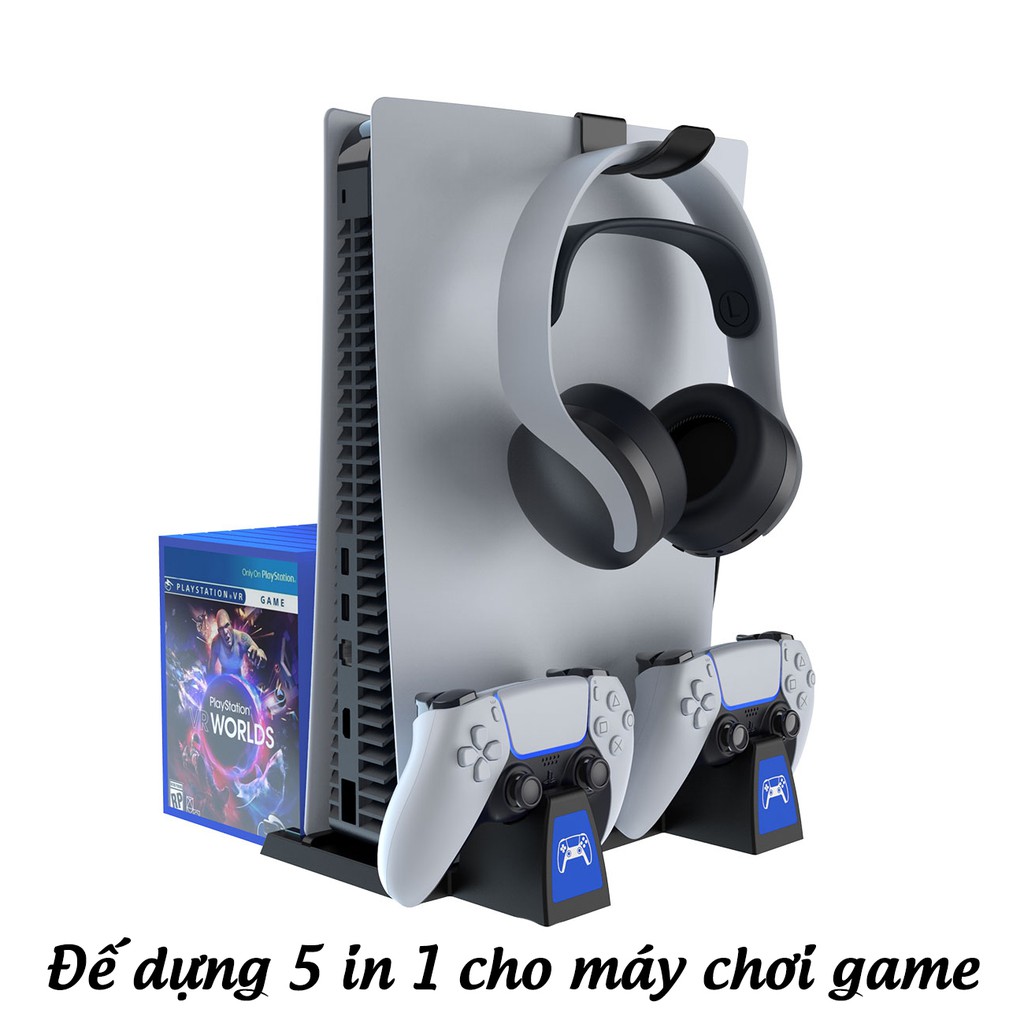 Đế đứng máy PS5 kèm dock sạc tay cầm, móc treo tai nghe, khay đựng đĩa, tản nhiệt máy PS5