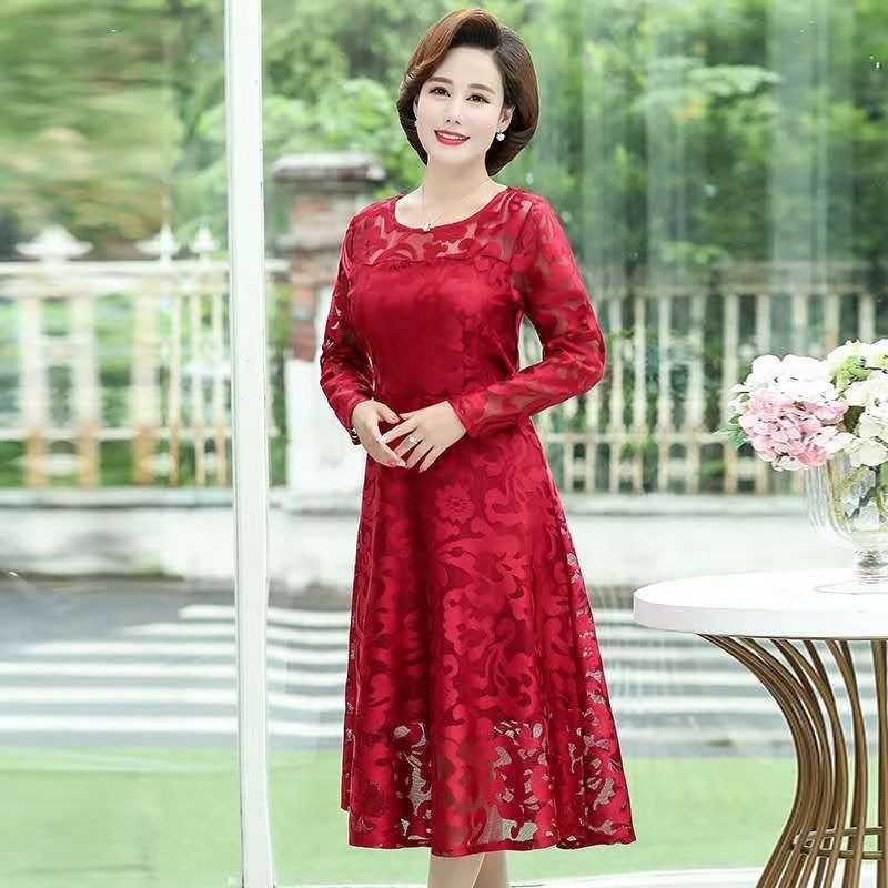 váy đầm dáng xoè✧✱❐Váy đầm mẹ nữ phối ren dài tay trung niên và cao tuổi thời trang Hàn Quốc điệu đà