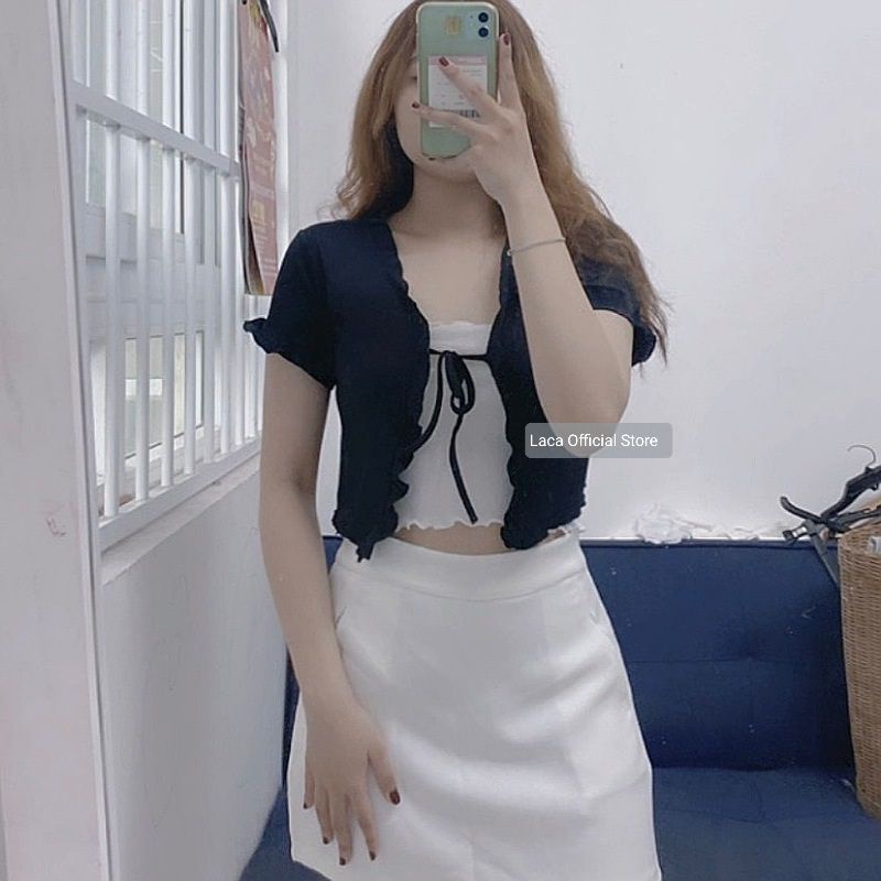 Áo Croptop Ngắn Tay Kiểu Gân Bèo Cột Nơ Trước UlzzangTuyết's House A30-1