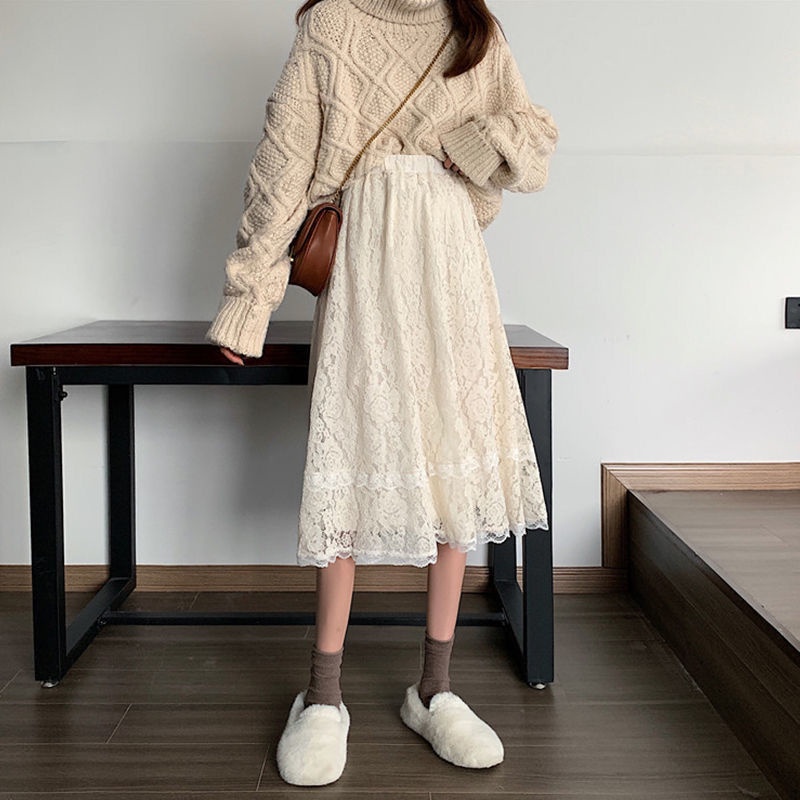 Chân Váy Ren Lưng Cao Dáng Rộng Màu Đen Thời Trang Mùa Hè Phong Cách Hàn Quốc Cho Nữ