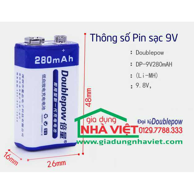 Bộ 2 viên PIN SẠC DOUBLEPOW 9V 6F22 280MAH
