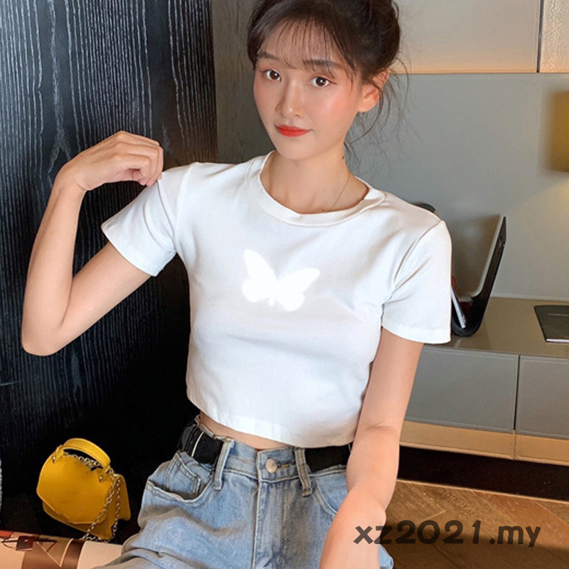 Áo Crop Top Nữ In Hình Bướm Màu Trắng Đen