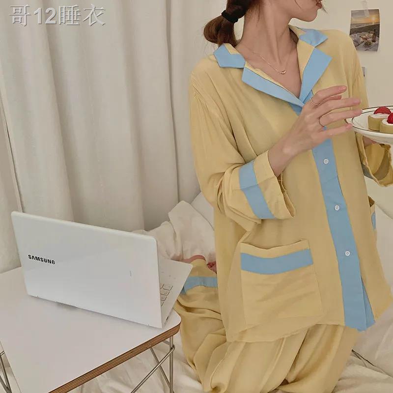 XMới bộ đồ ngủ nữ Nhật Hàn phiên bản phối màu đơn giản áo cardigan dài tay đỏ lưới phù hợp với gia đình