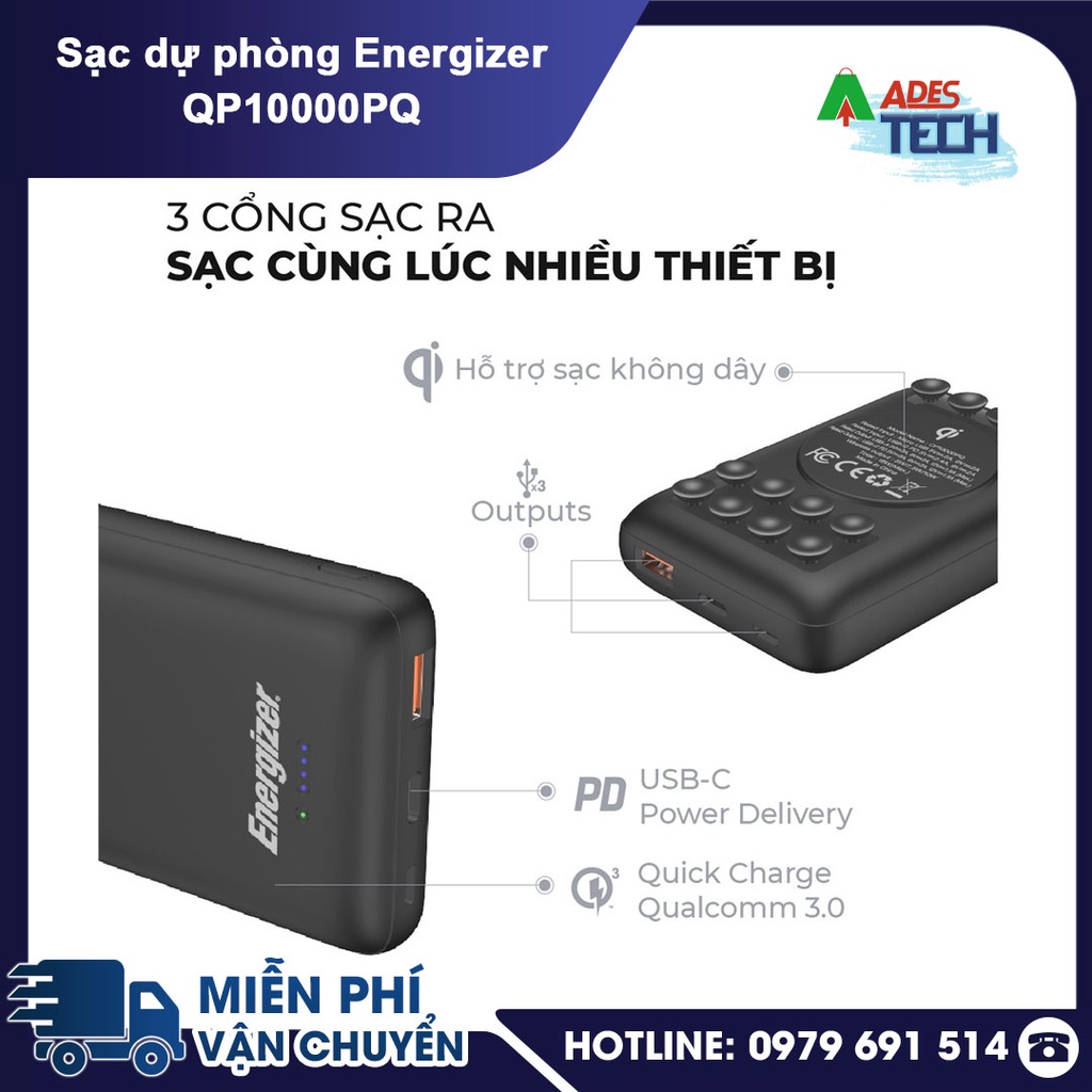 Pin dự phòng Energizer 10,000mAh QP10000PQBK - Tích hợp sạc nhanh đa nền tảng