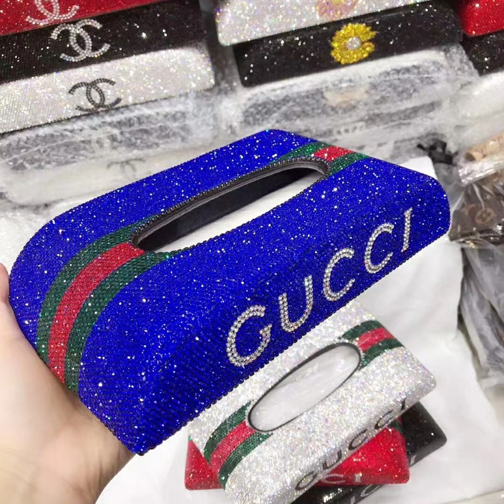 Hộp đựng khăn giấy full đá có logo GUCCI nhiều màu - Trang trí taplo ô tô