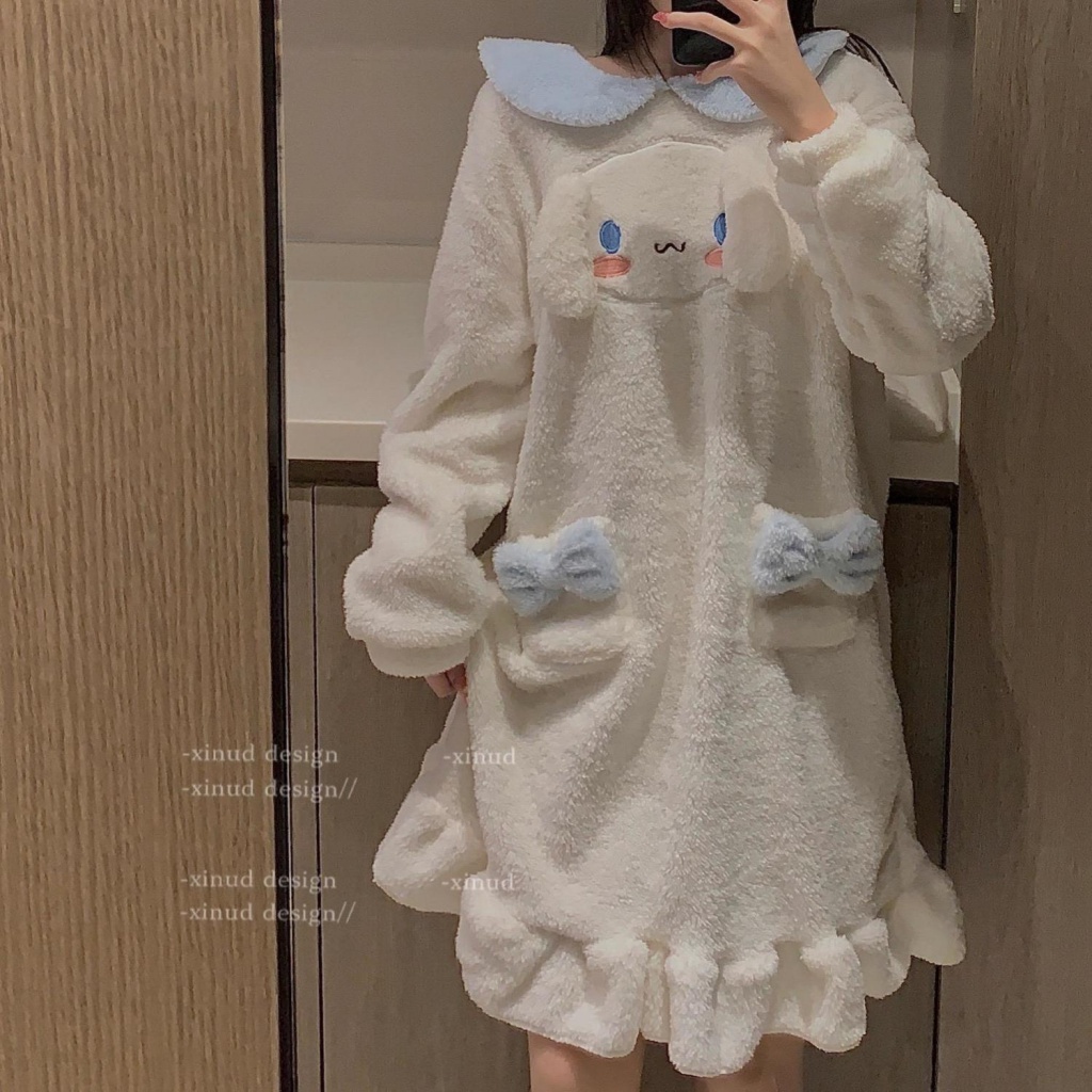Đầm ngủ vải lông cừu san hô phong cách nhân vật hoạt hình Cinnamoroll thời trang thu đông Hàn Quốc dễ thương cho nữ