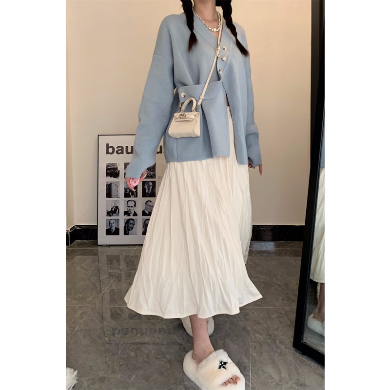 Chân Váy Dài Dáng Rộng Lưng Cao Xếp Ly Màu Trơn Thời Trang Hàn Quốc Xinh Xắn Cho Nữ