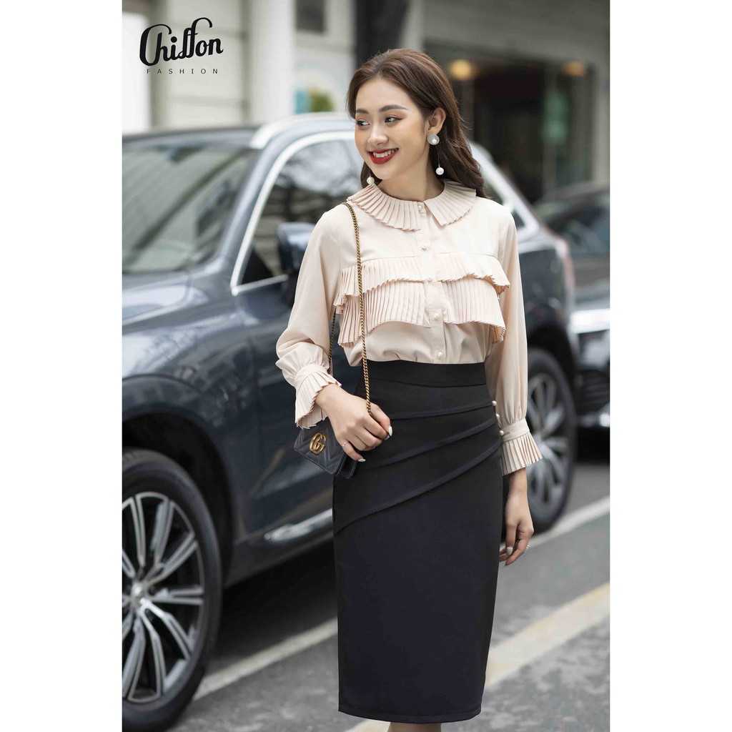 Chân váy đẹp Chiffon_Chân váy bút chì công sở nổi đính ngọc tôn dáng dễ phối đồ | BigBuy360 - bigbuy360.vn