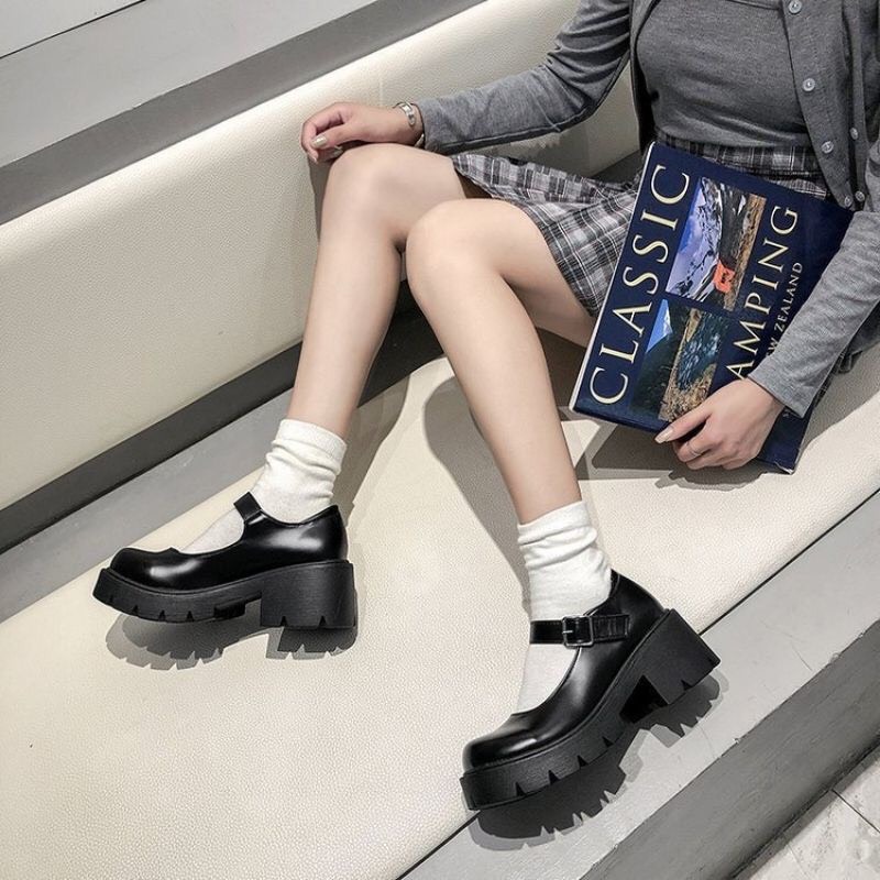 Giày Búp Bê Nữ Lolita Dây Cài 5p Phong Cách ulzzang chất da Pu mềm