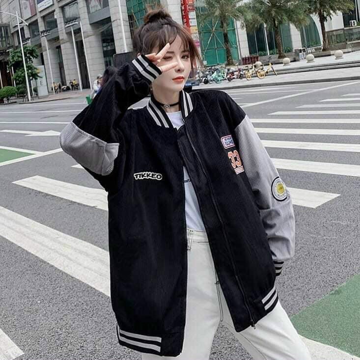 Áo khoác nhung kiểu bomber thêu logo số 33 thời trang
