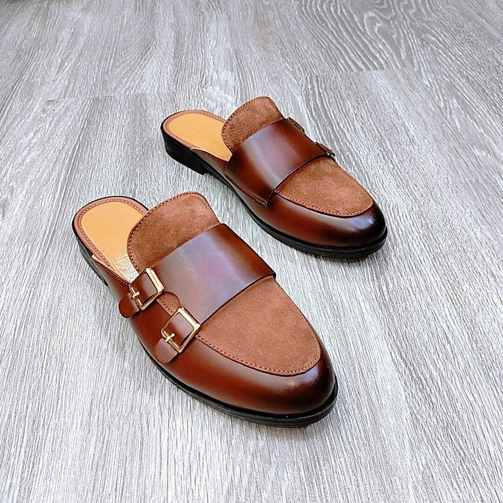 Giày sục da nam đính khuy mạ đồng vá da lộn 2 màu nâu đen cực đẹp mới nhất 2023